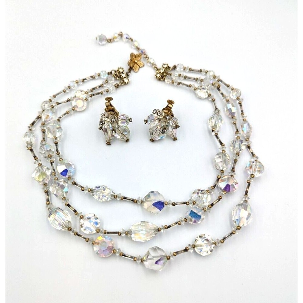 Vintage Vendome AB Glass Beads Set Of 3 Strand Necklace And Clip On Earrings